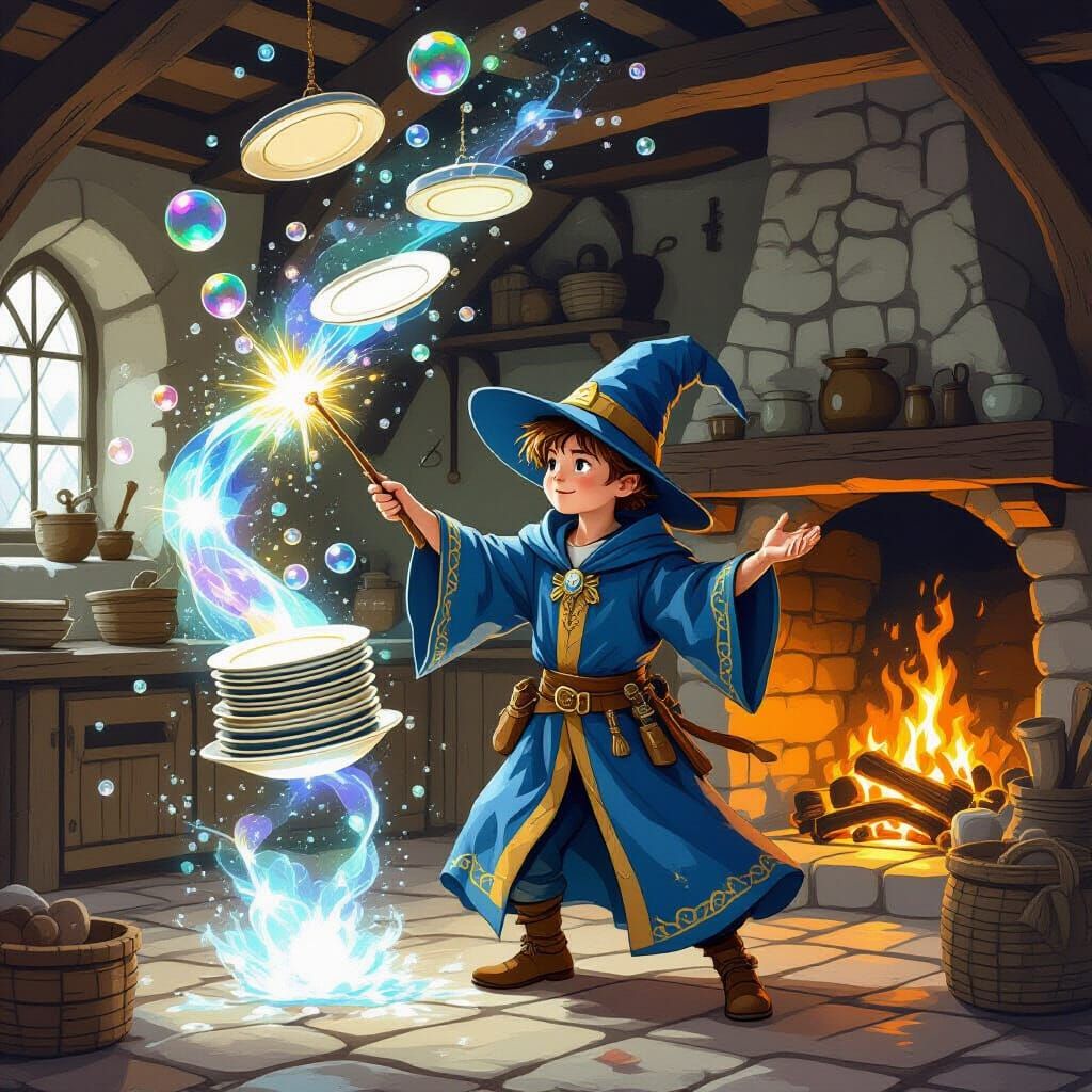 Wizard Magically Cleans Floating Plates in Rustic Kitchen