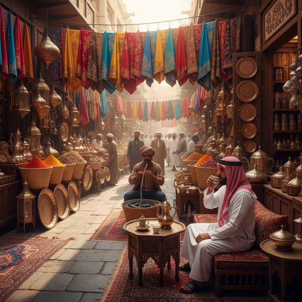 Bustling Dubai Souk Scene in Hyperrealistic Style