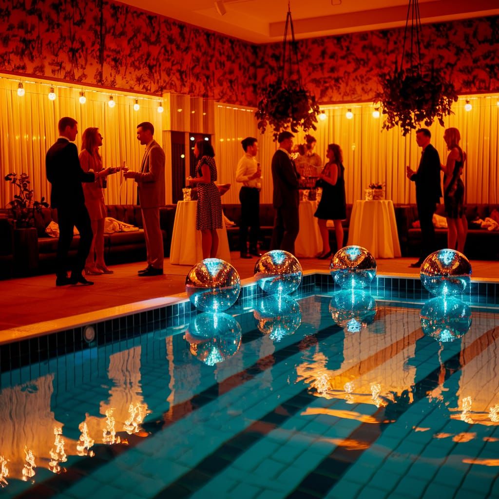 Retro 1970s Indoor Pool Party with Disco Vibes