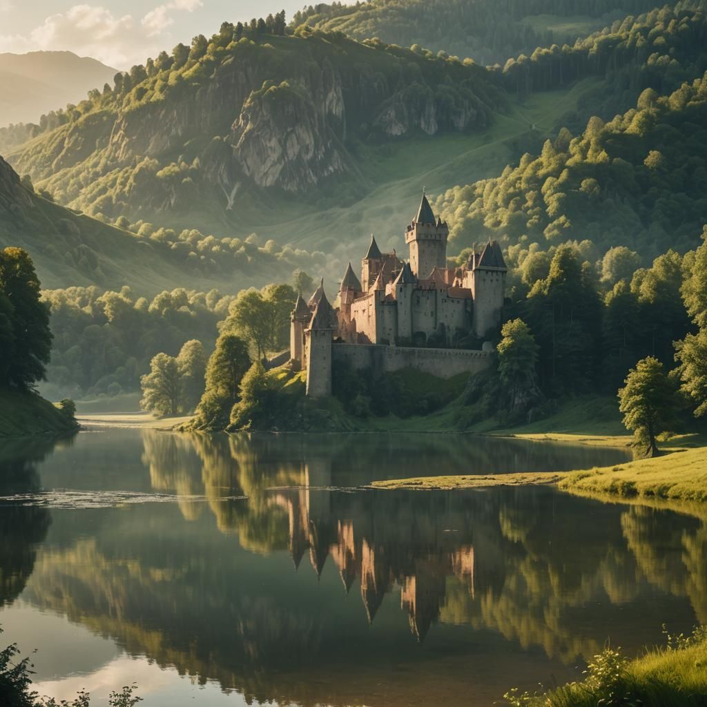 Majestic Castle Reflected in Lake: Medieval Fantasy Art