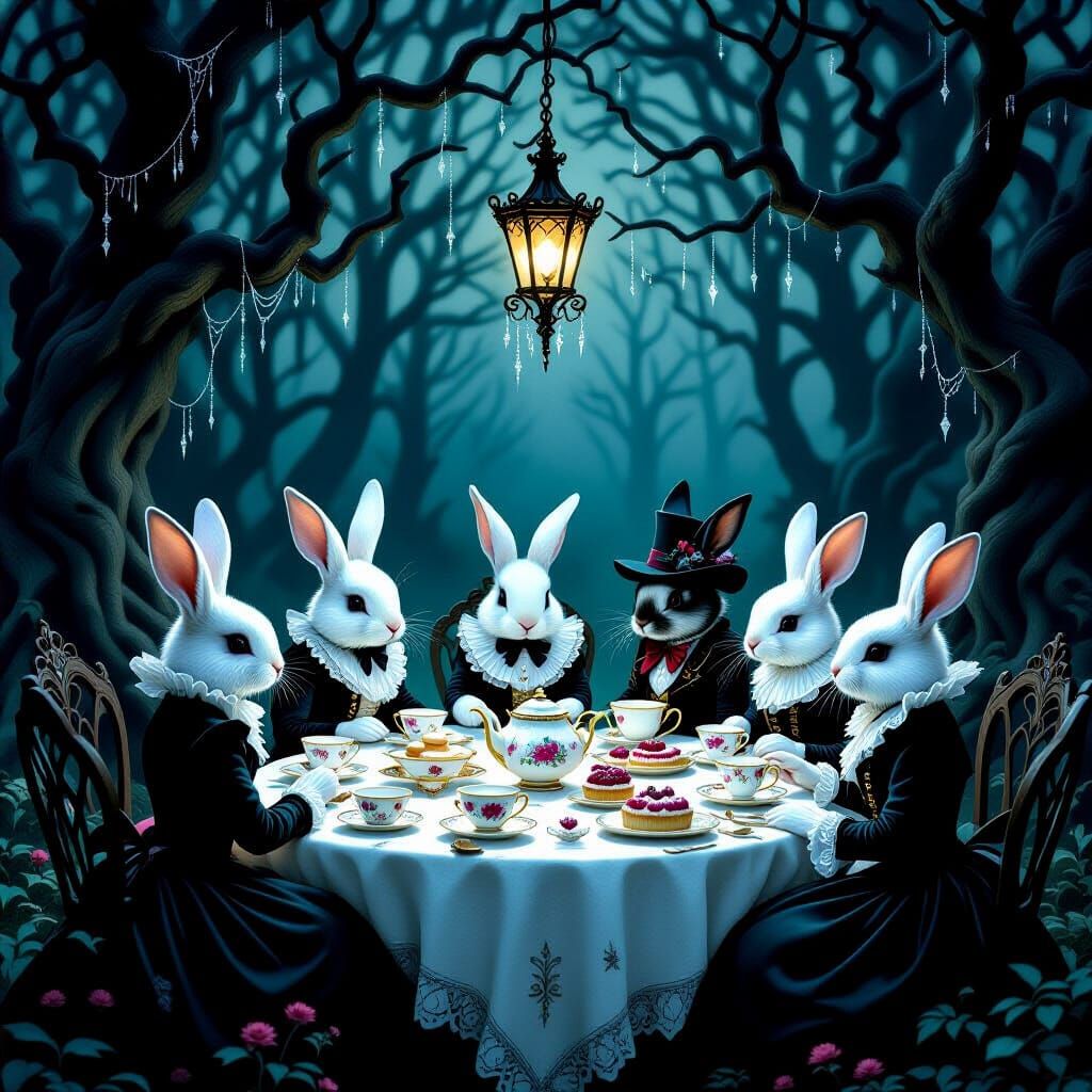 Gothic Style  many Rabbit's sitting at a tea party in the da...