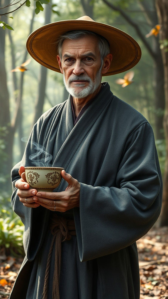 Wise Cleric Sipping Tea in Forest
