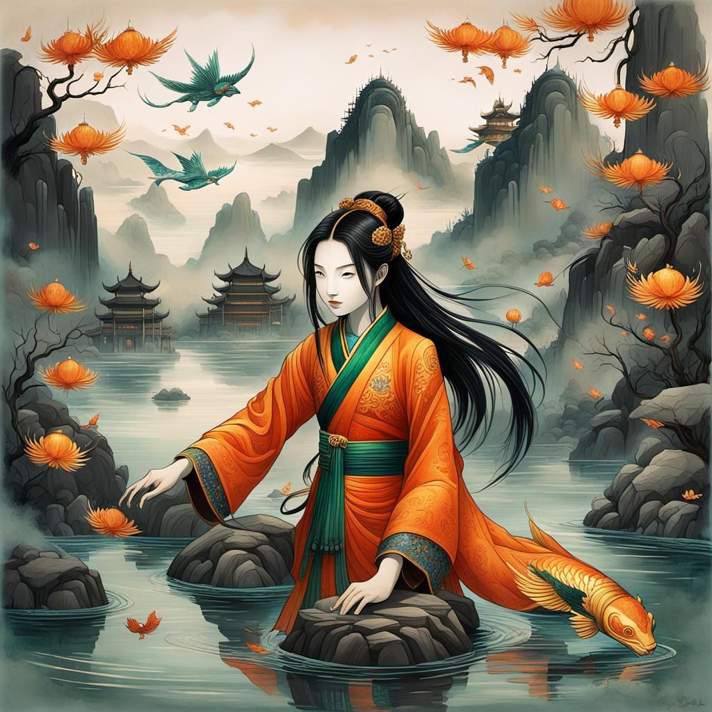 Misty Mountains and Glowing Lanterns in Chinese Art Style