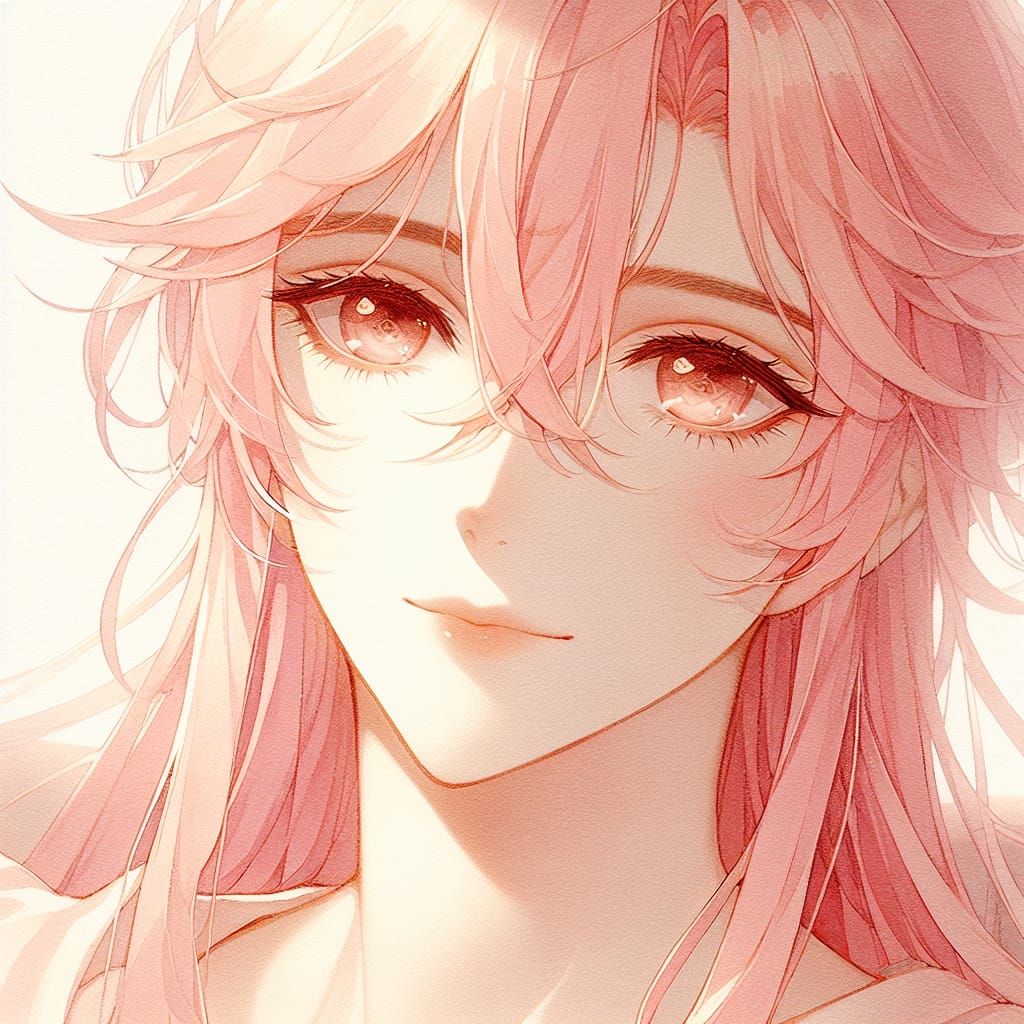 Anime Boy with Pink Hair in Watercolor Style