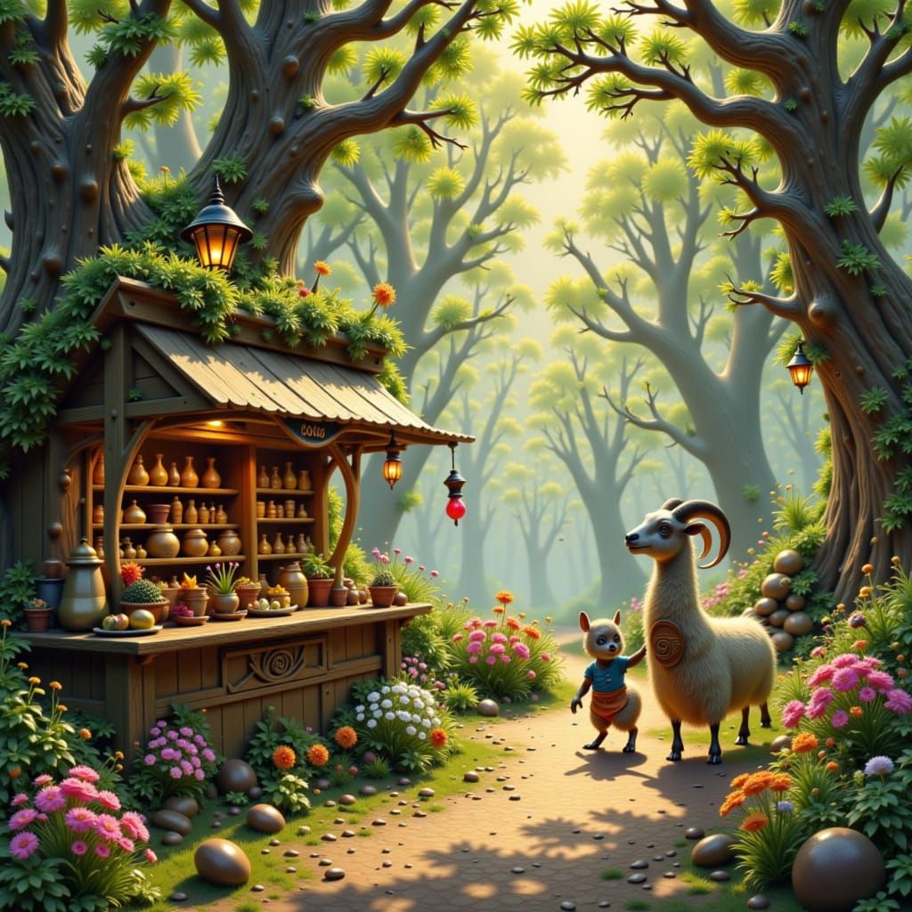 Enchanted Forest Farmstand Run by Ram: Oil Painting