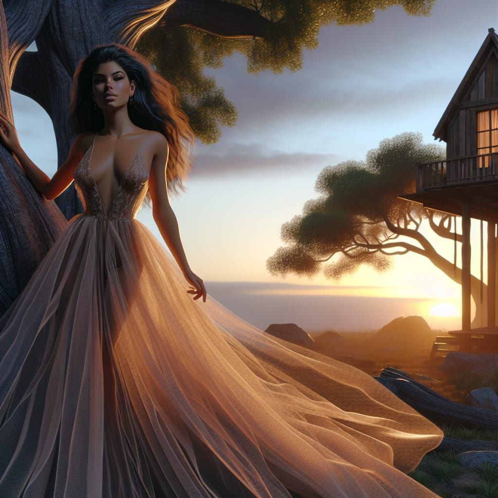 Hispanic Woman in Gown Before Treehouse at Sunset