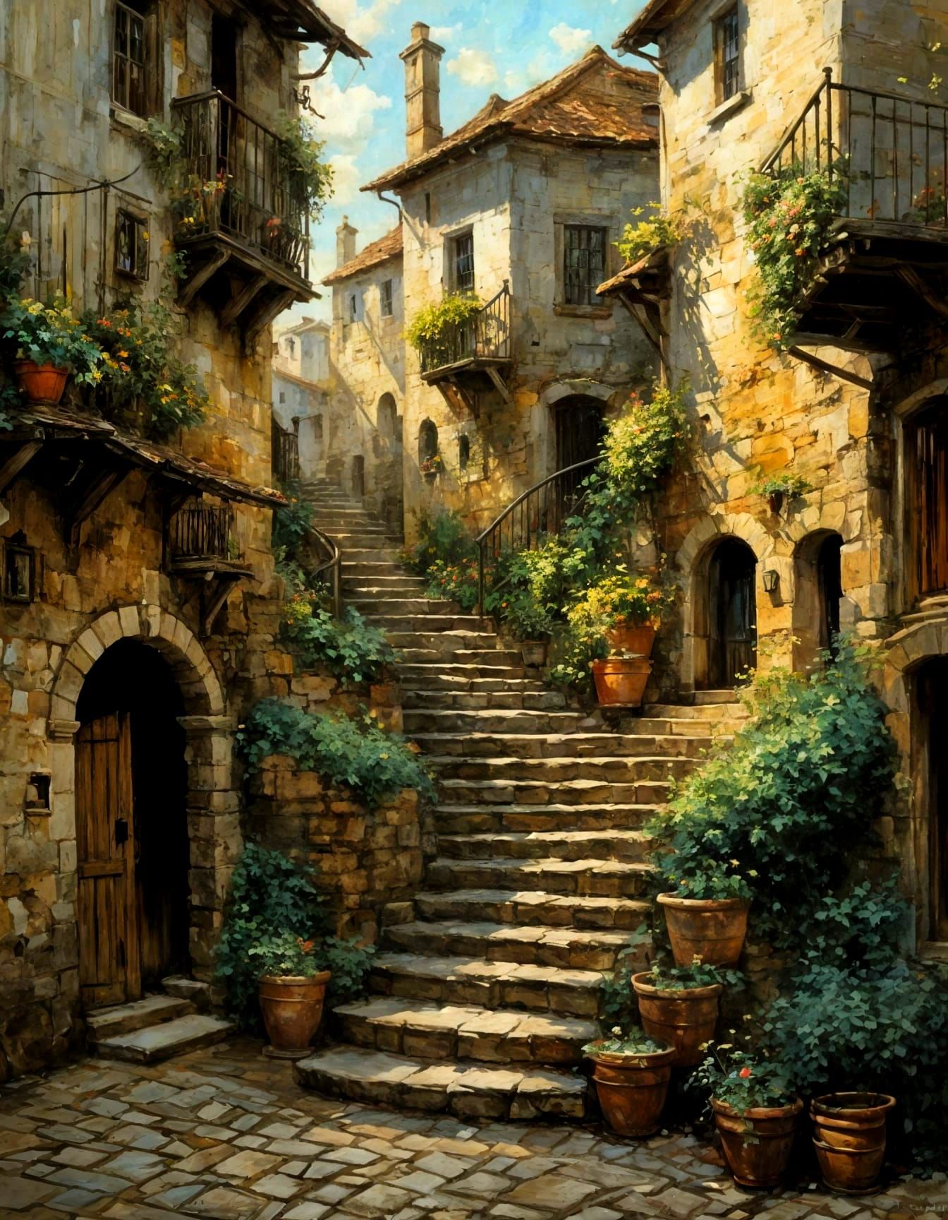 Impressionist Medieval Village Staircase