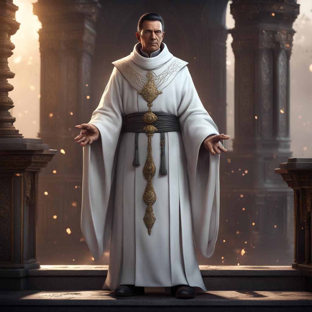 Fantasy Priest in White Robes as Detailed Matte Painting