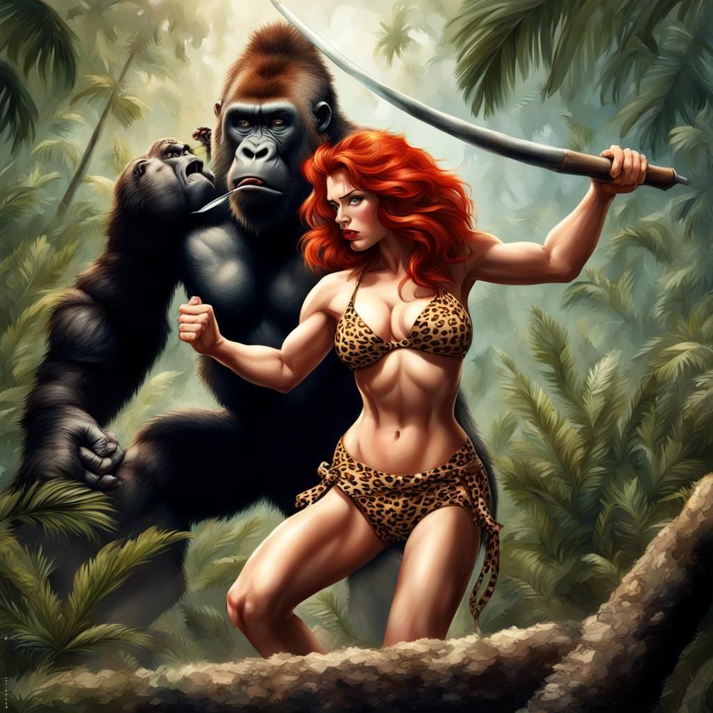 Red-Haired Tarzan Woman Fighting Gorilla