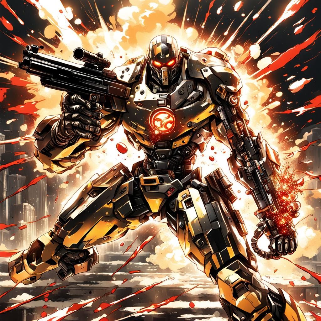 Golden Cyborg Gunslinger in Anime Style