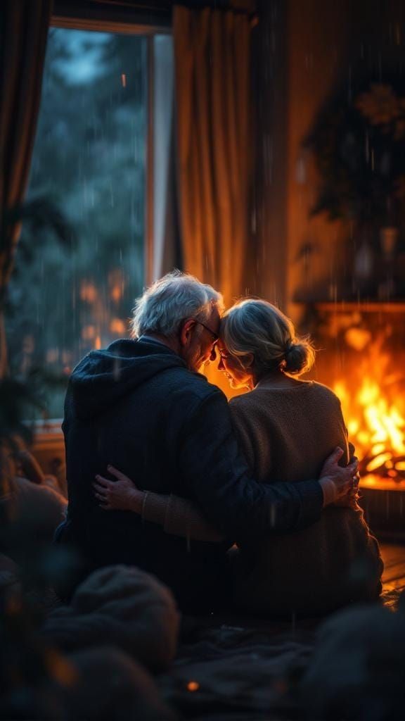Intimate Cabin Scene: Elderly Couple by Fireplace