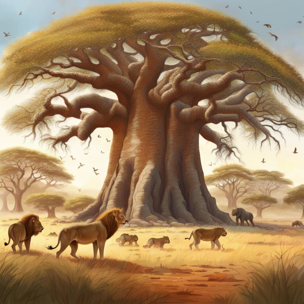 African Savannah Baobab Tree with Lions and Zebras