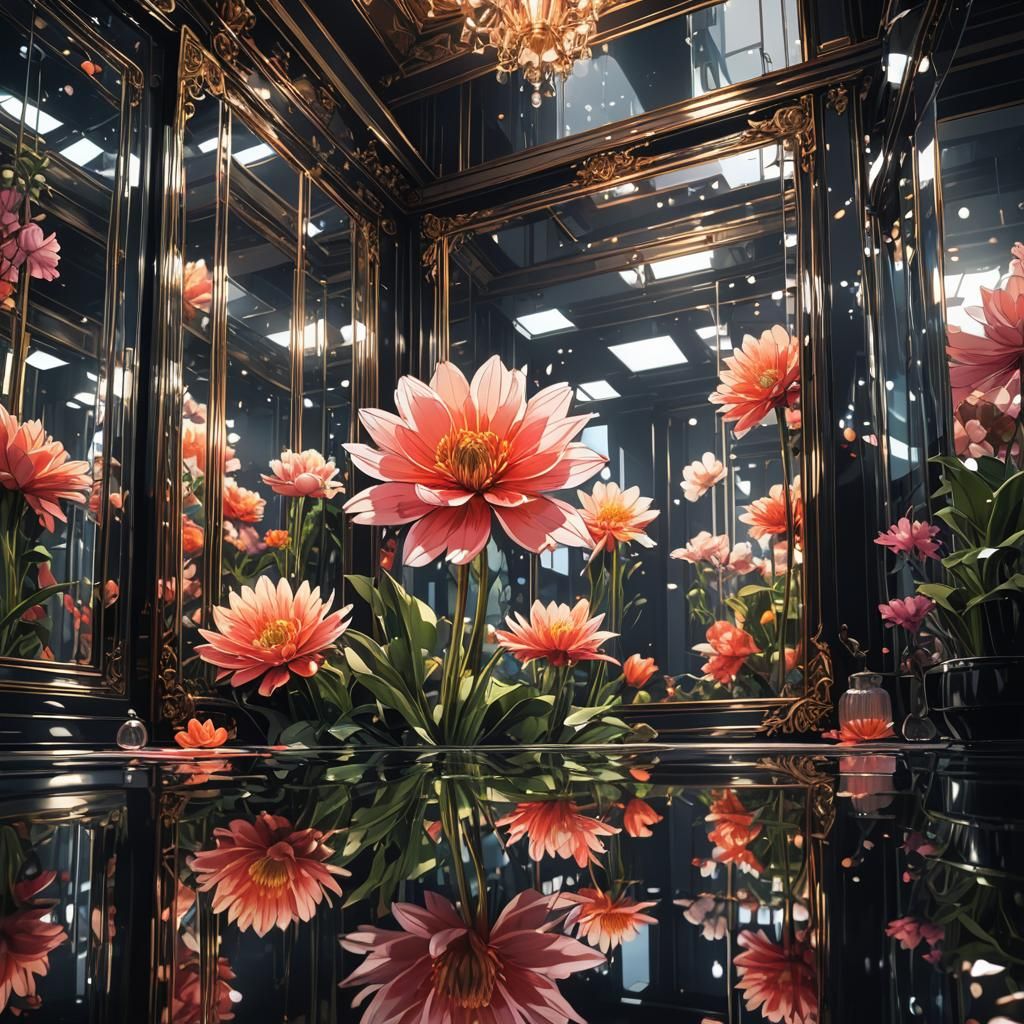 Distorted Flower Reflection in House of Mirrors