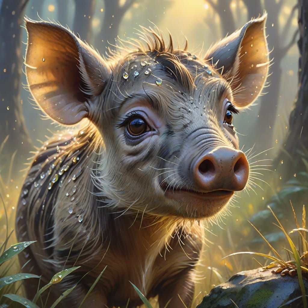 Baby Warthog in Misty Forest, as Gouache Painting