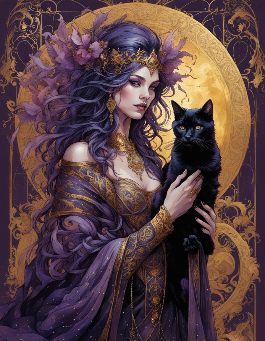 Royal Witch and Dark Cat in Opulent Setting