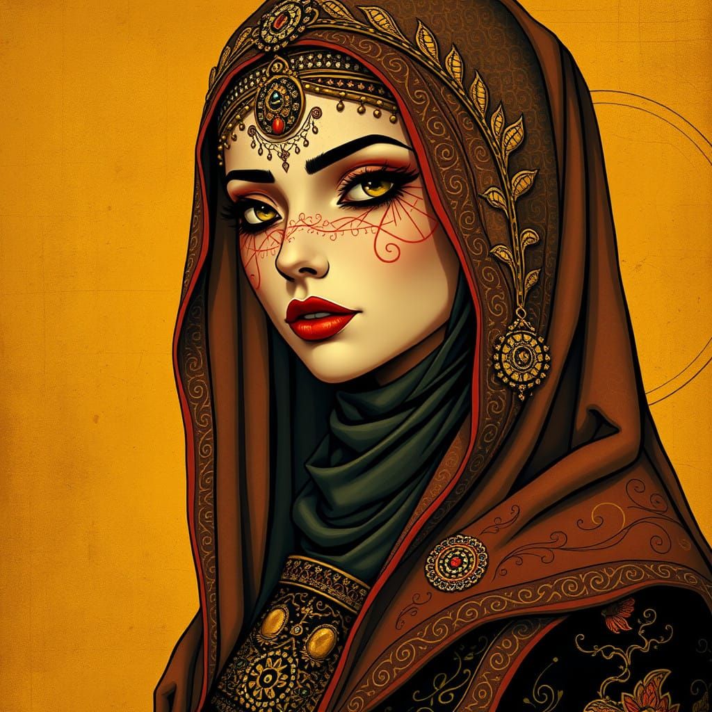 Mystical Woman in Arabic Headdress, Lineartpunk Style