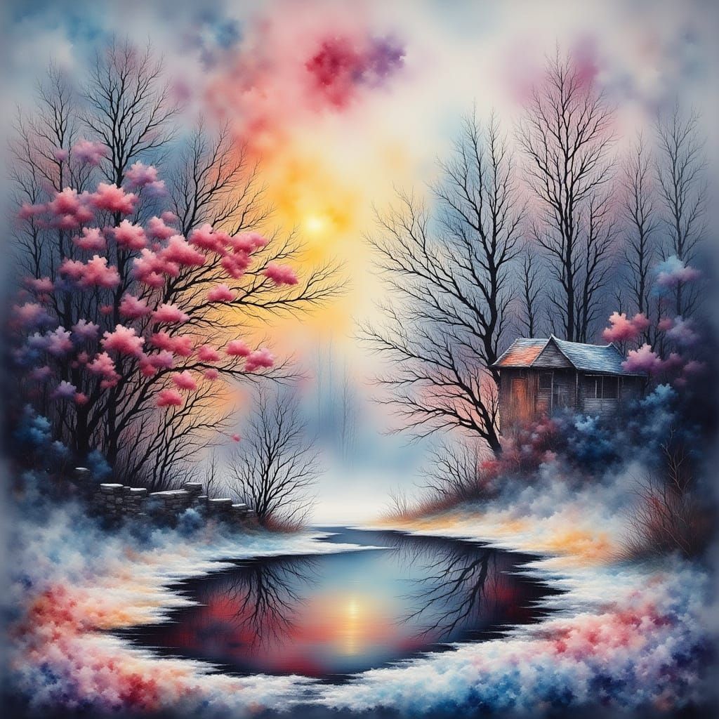 Foggy Autumn Landscape with Abandoned Shack in Switzerland