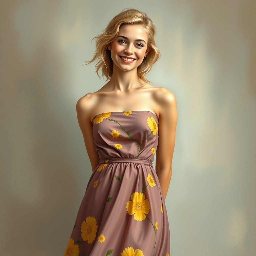 Blonde Woman in Floral Dress, Impressionist-Inspired Portrai...