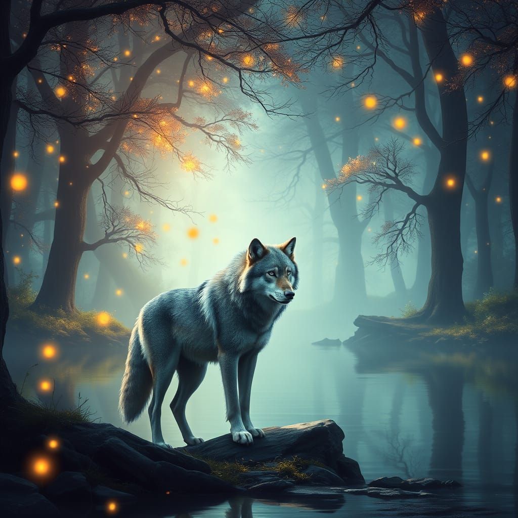 Majestic Wolf and Mate in Whimsical Forest Glade