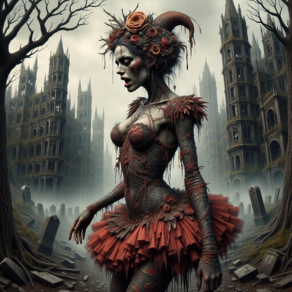 Grotesque Zombie Ballerina in Dark, Victorian-Era Landscape
