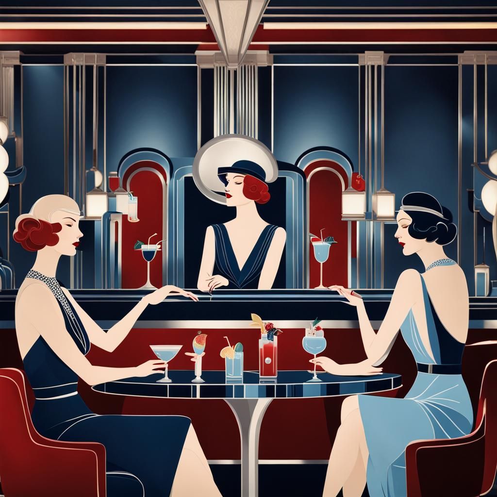 Art Deco Women Enjoying Cocktails in Film Noir Style