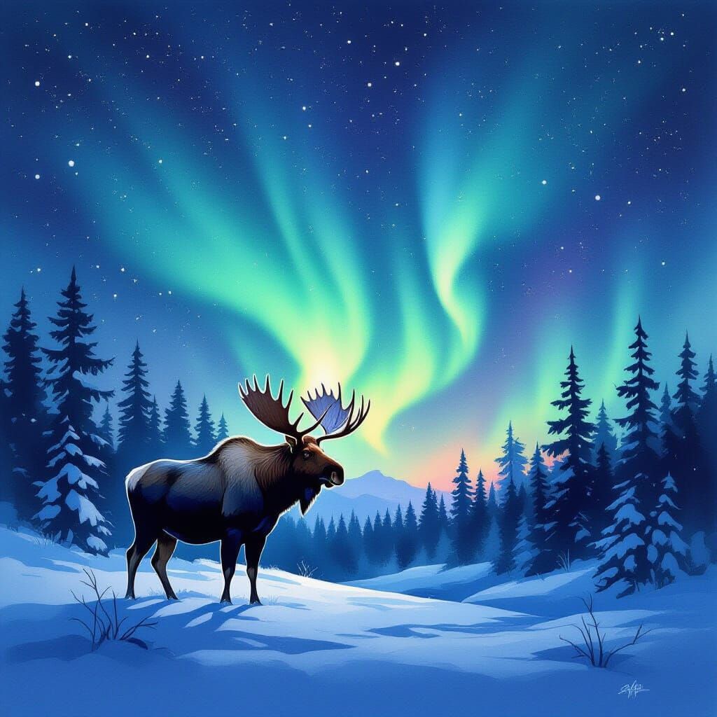 Moose Under Aurora Borealis in Alcohol Ink Style