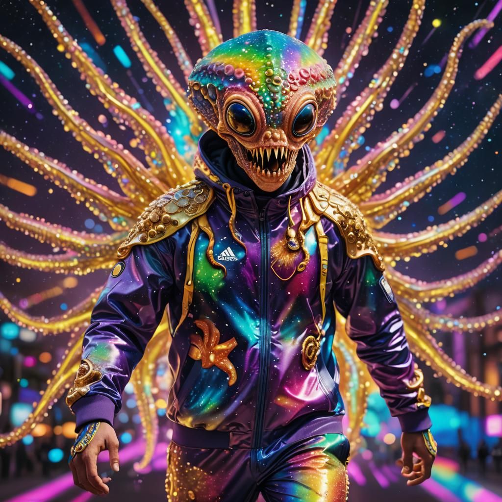 Vibrant otherworldly smiling alien in  adidas tracksuit with...