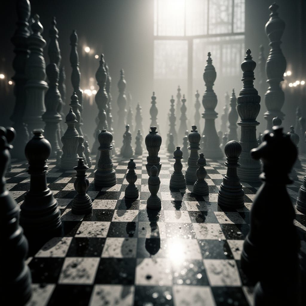 Surreal Chessboard Mid-Move in Cinematic Lighting