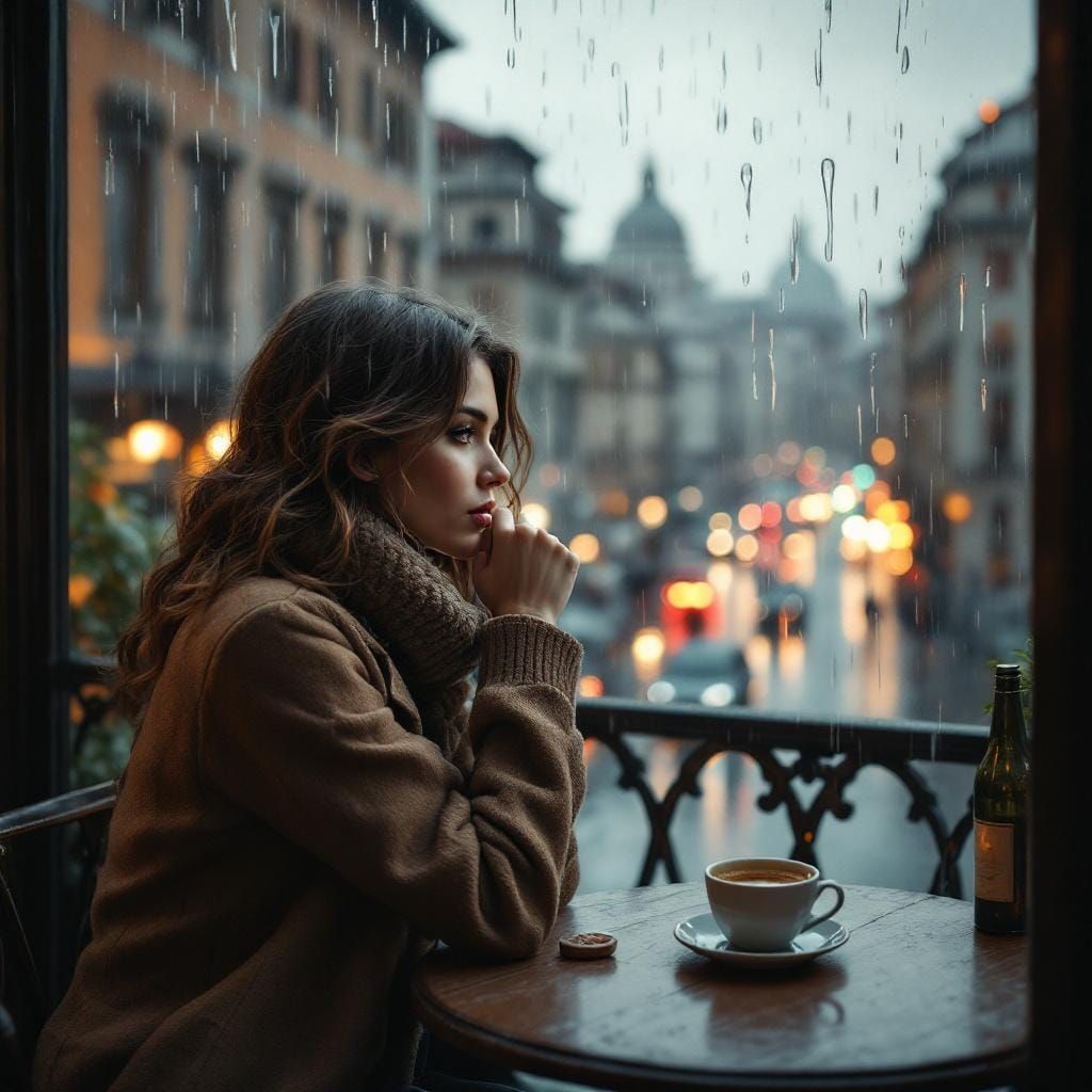Woman in Rainy Rome Cafe: Ultra-Realistic Digital Art
