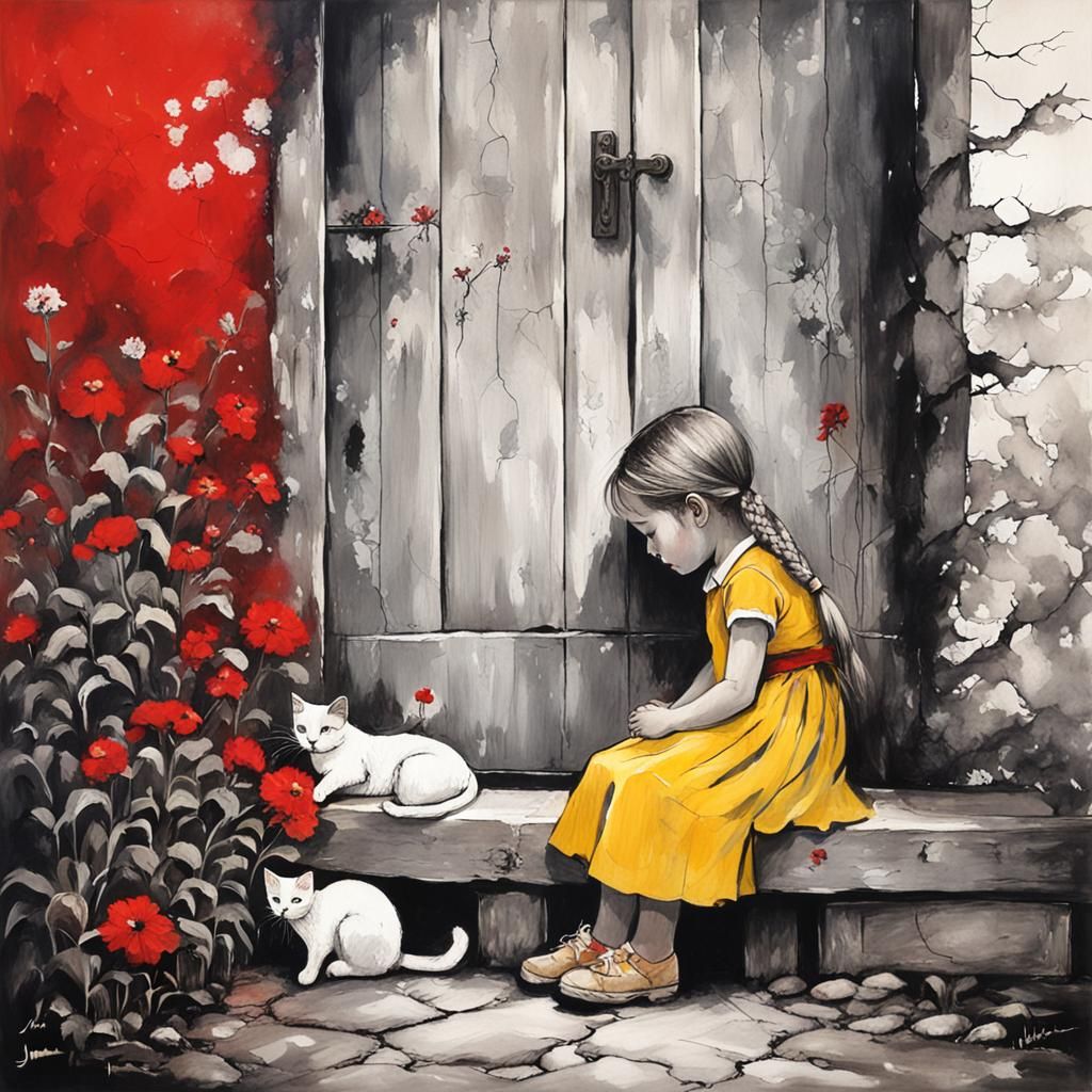 Girl with Cat at Old Door in Monochrome Style