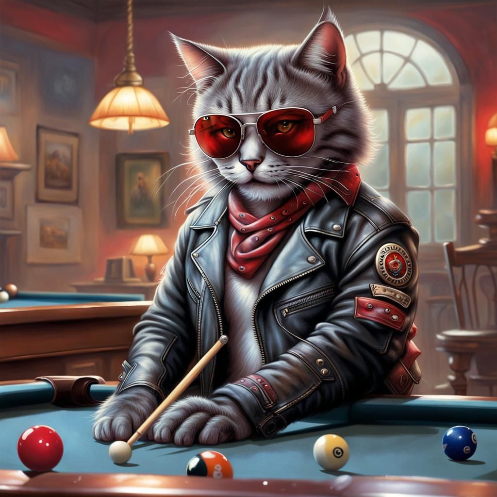 Cat Biker Playing Pool in Ethereal Fantasy Style