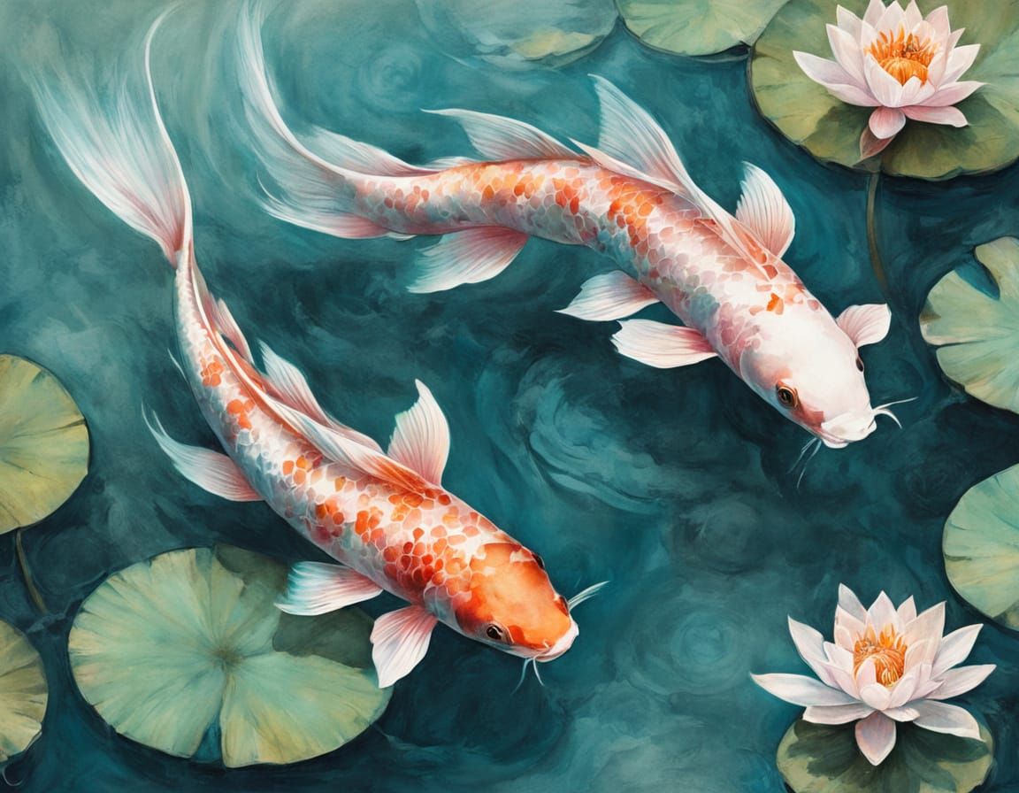 Koi Fish in Lotus Pond: Impressionist Watercolor Painting