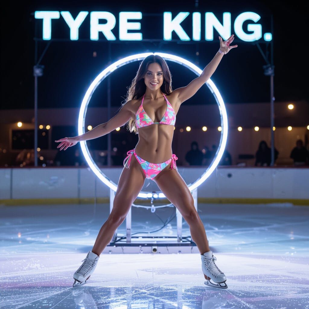 Stunning Woman Ice Skating in Dayglow Bikini Under UV Lights