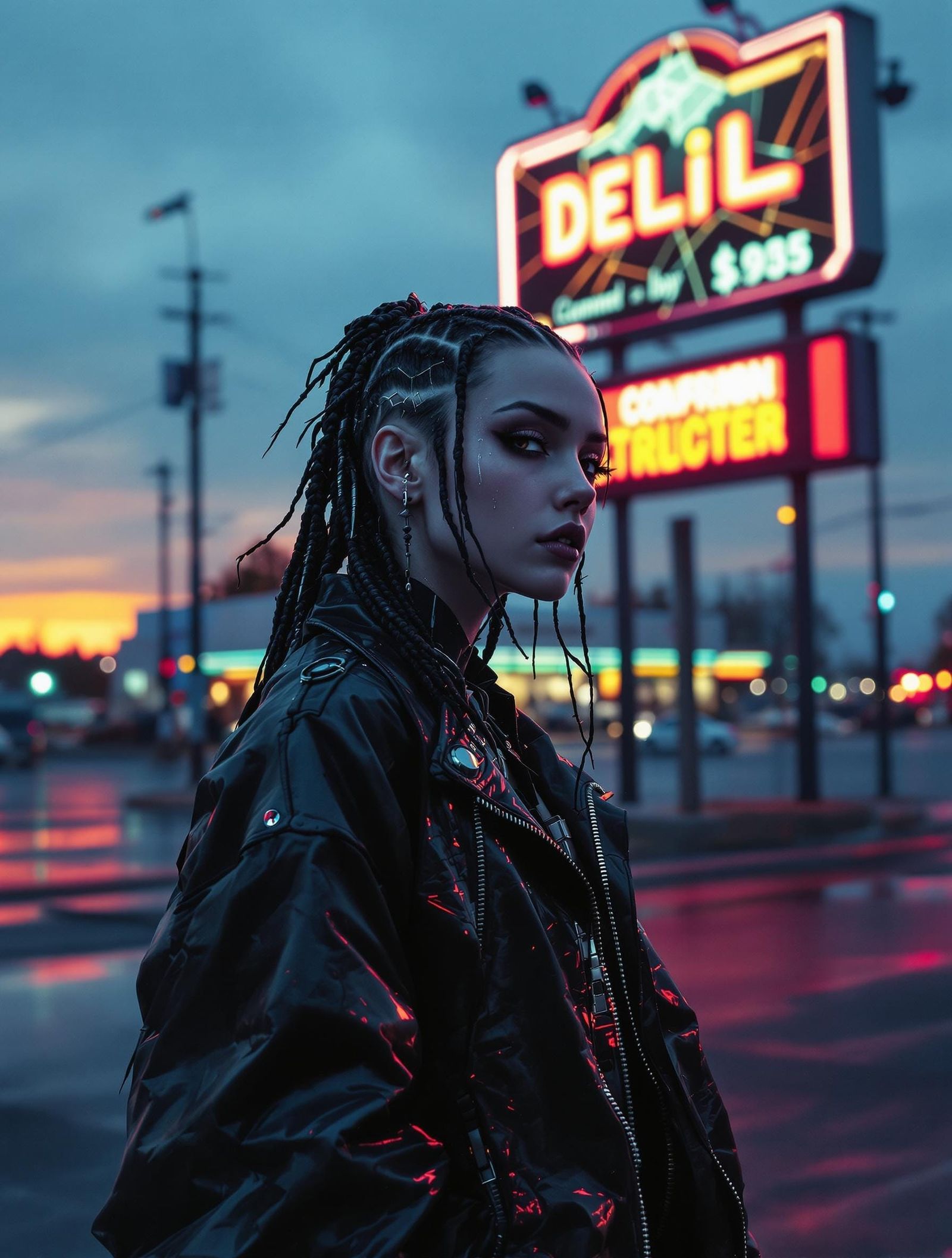 Cyberpunk Girl in Dystopian Cityscape at Dusk