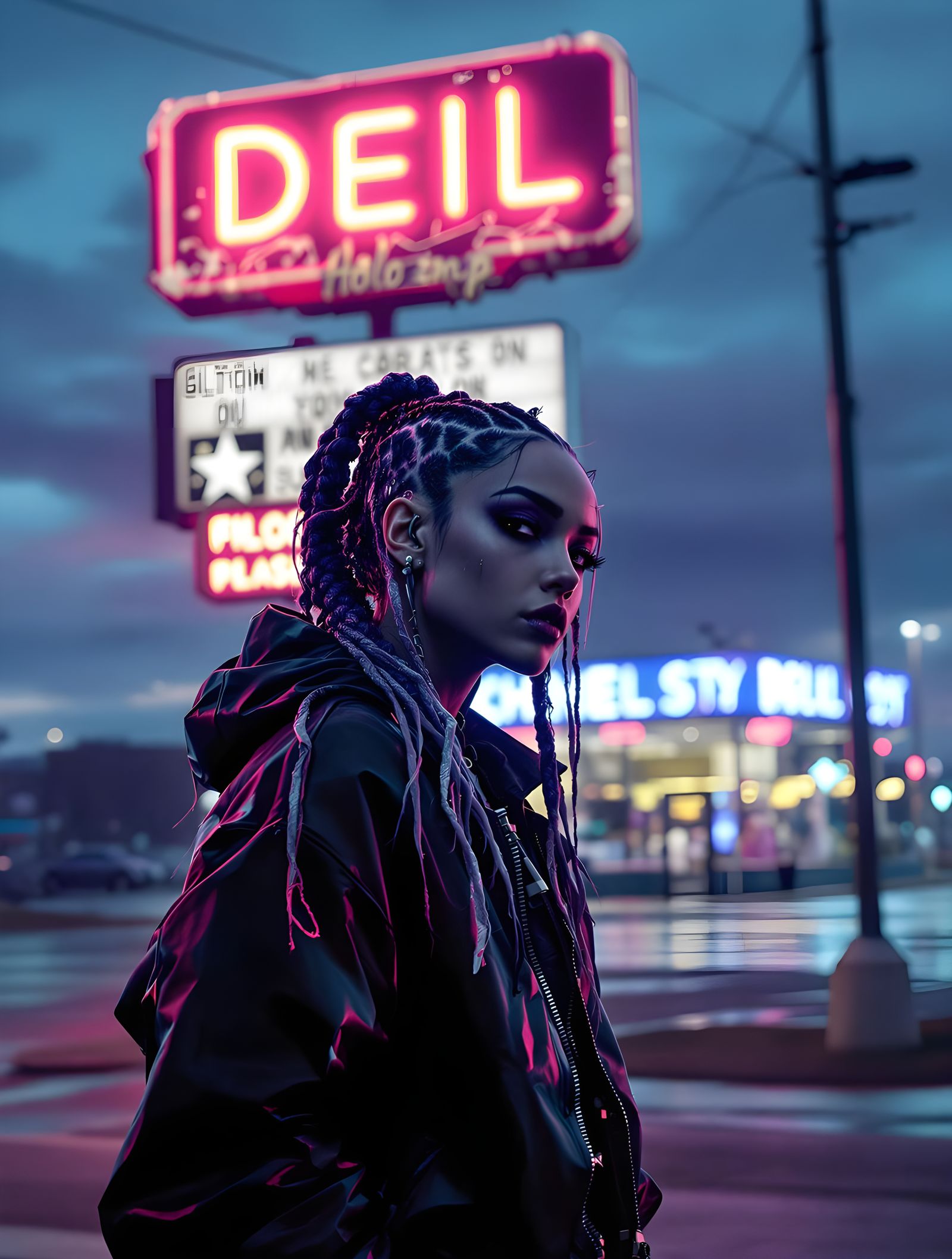 Cyberpunk Girl in Flooded Cityscape at Dusk