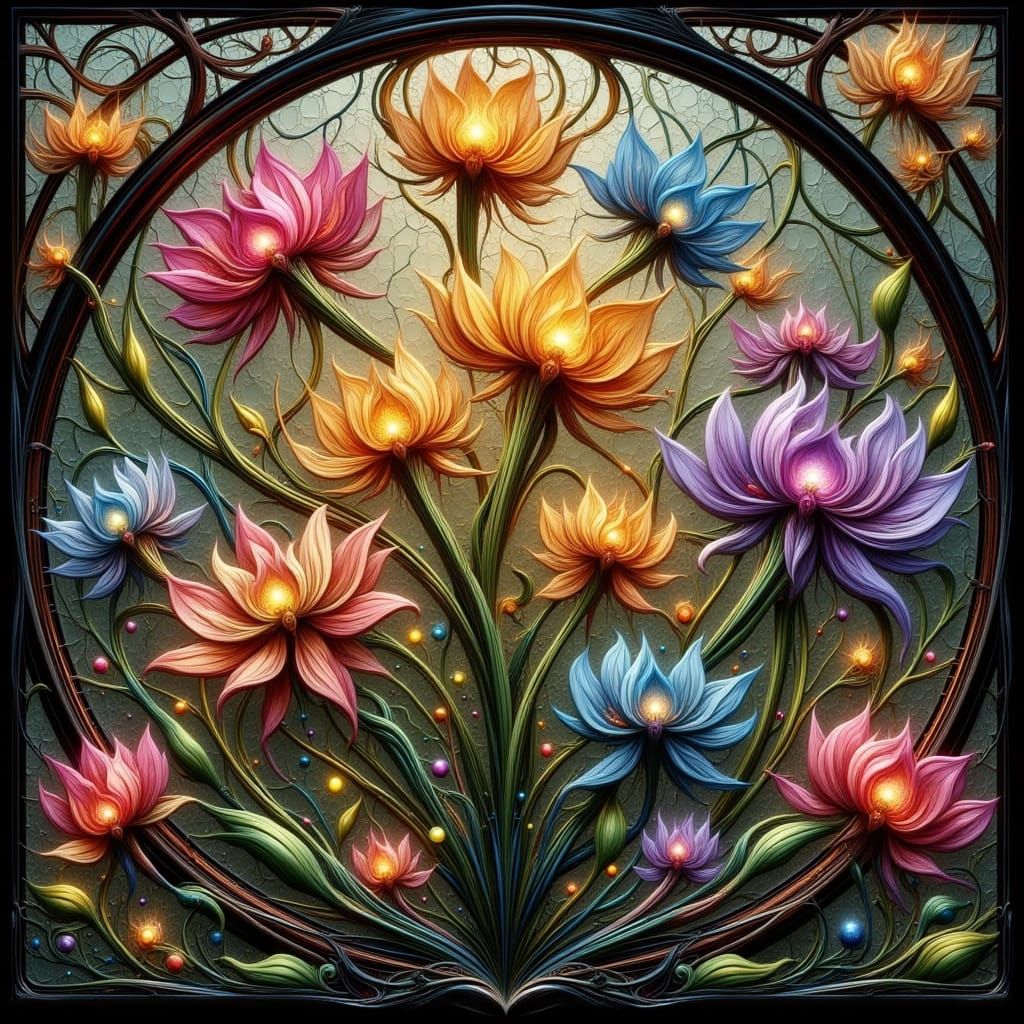 Iridescent Floral Stained Glass in Art Nouveau Style