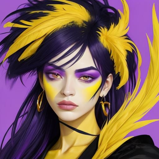 Fauvist Portrait of Woman with Feathers and Silver Eyes