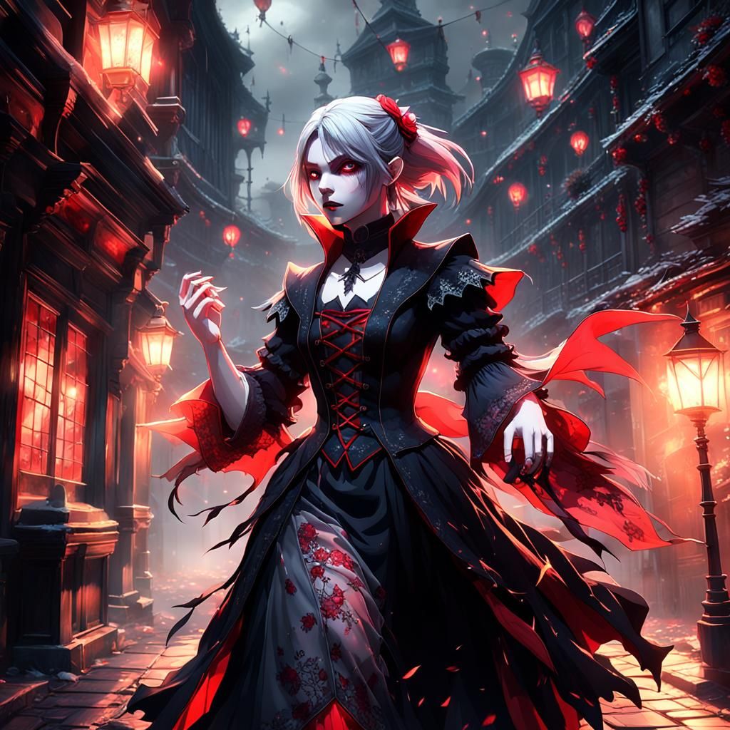 Vampire Bard Dances in Foggy Alley: 3D Anime Art