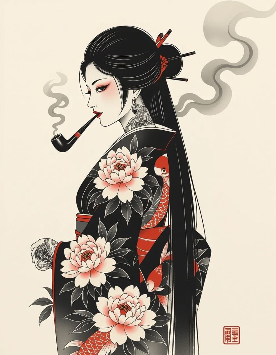 Ink Wash Painting of Tattooed Japanese Woman