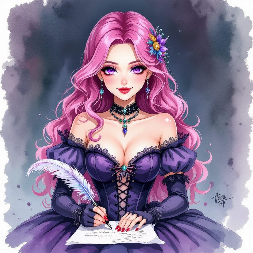 Gothic Pink-Haired Woman Writing in Watercolor