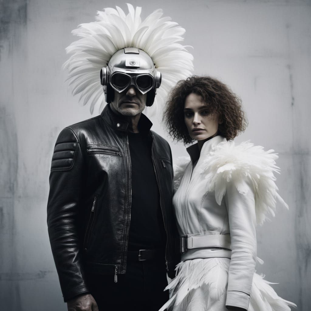 Monochrome Portrait of Futuristic Man and Elegant Woman