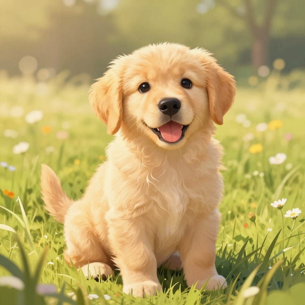 Golden Retriever Puppy in Sunlit Meadow, Storybook Style