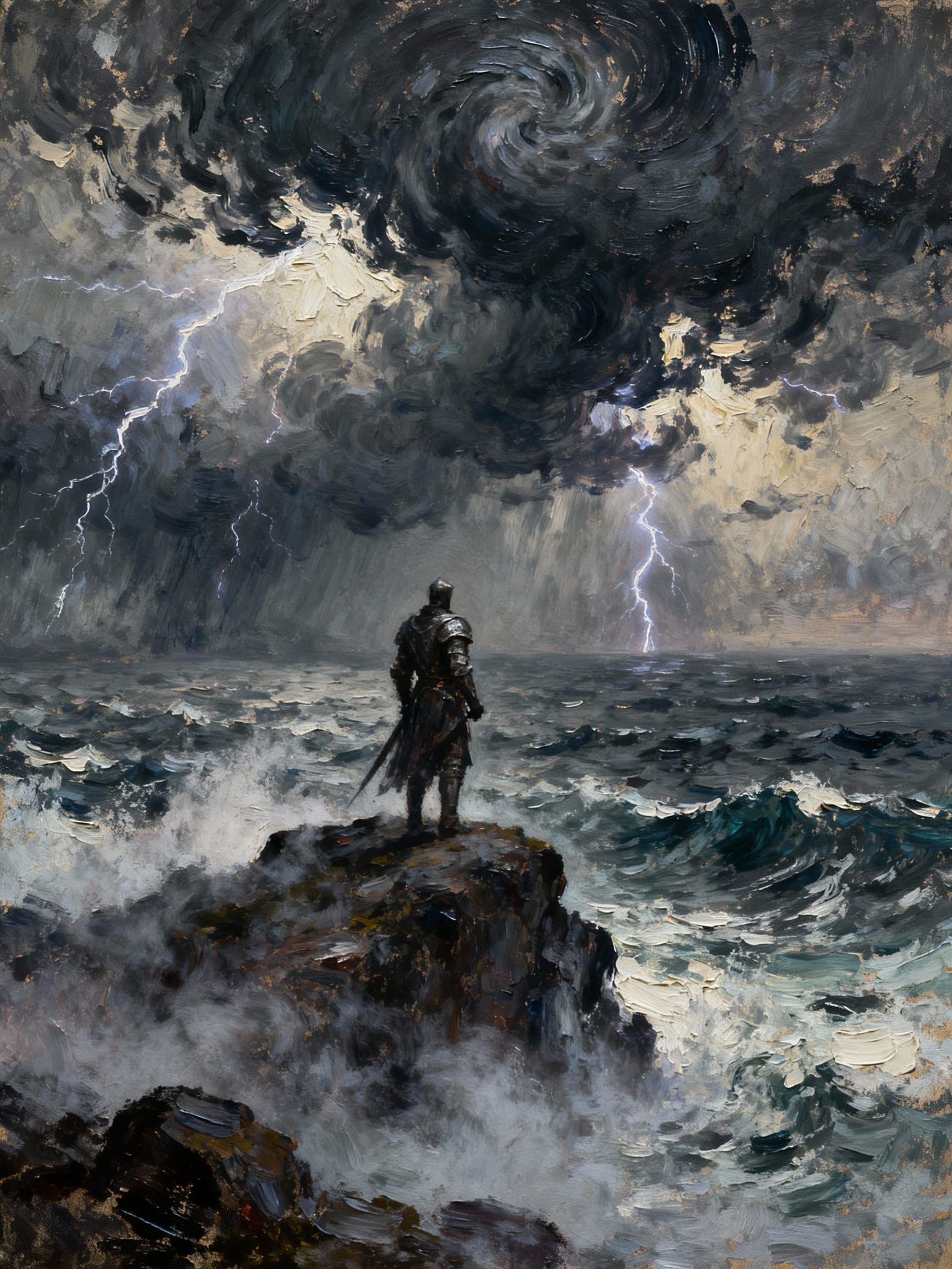 Lone Knight on Misty Outcrop, Dark Fantasy Concept Art
