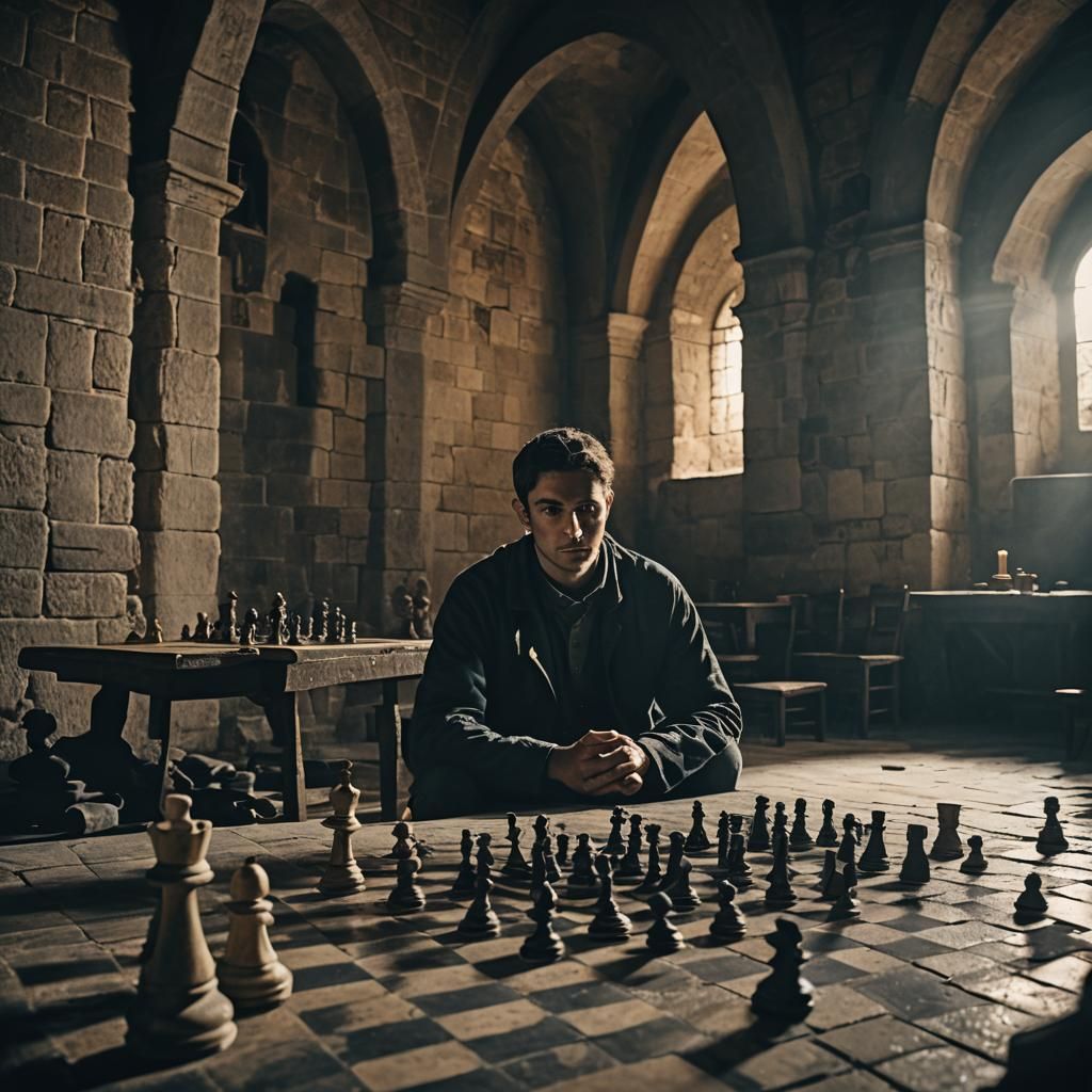 Chess Player in Monastery: Moody Cinematic Still