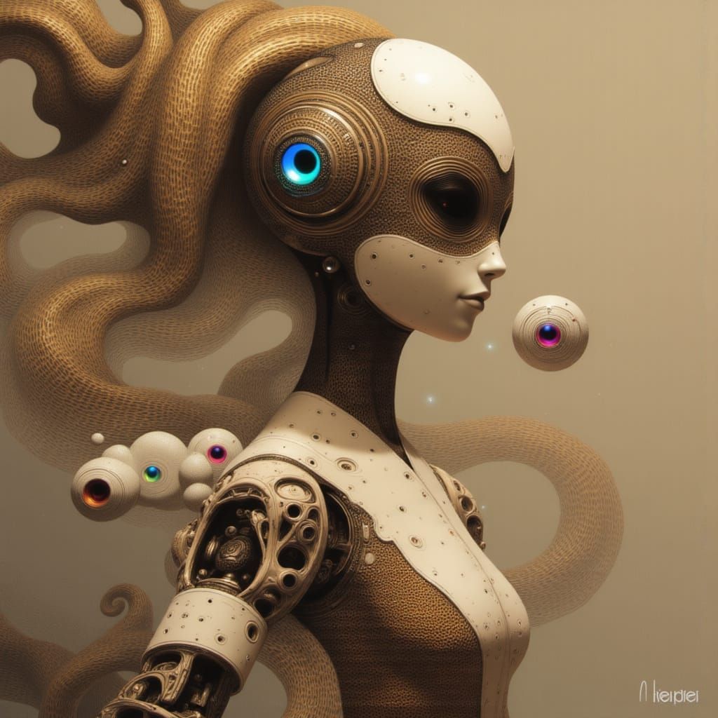 Ethereal Biomechanical Woman in Anime Key Visuals Style