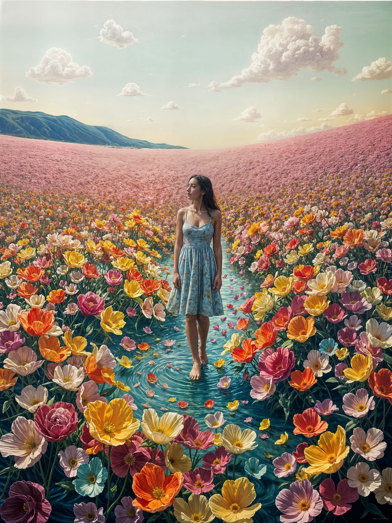 Dreamy Sea of Flowers: Surrealist Oil Painting
