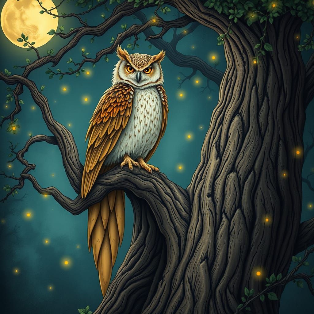 Wise Owl in Moonlit Forest: Art Nouveau Style