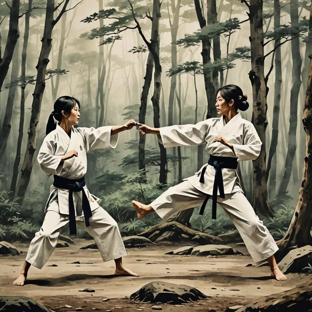 Karate Fight in Forest: Japanese Ink Painting