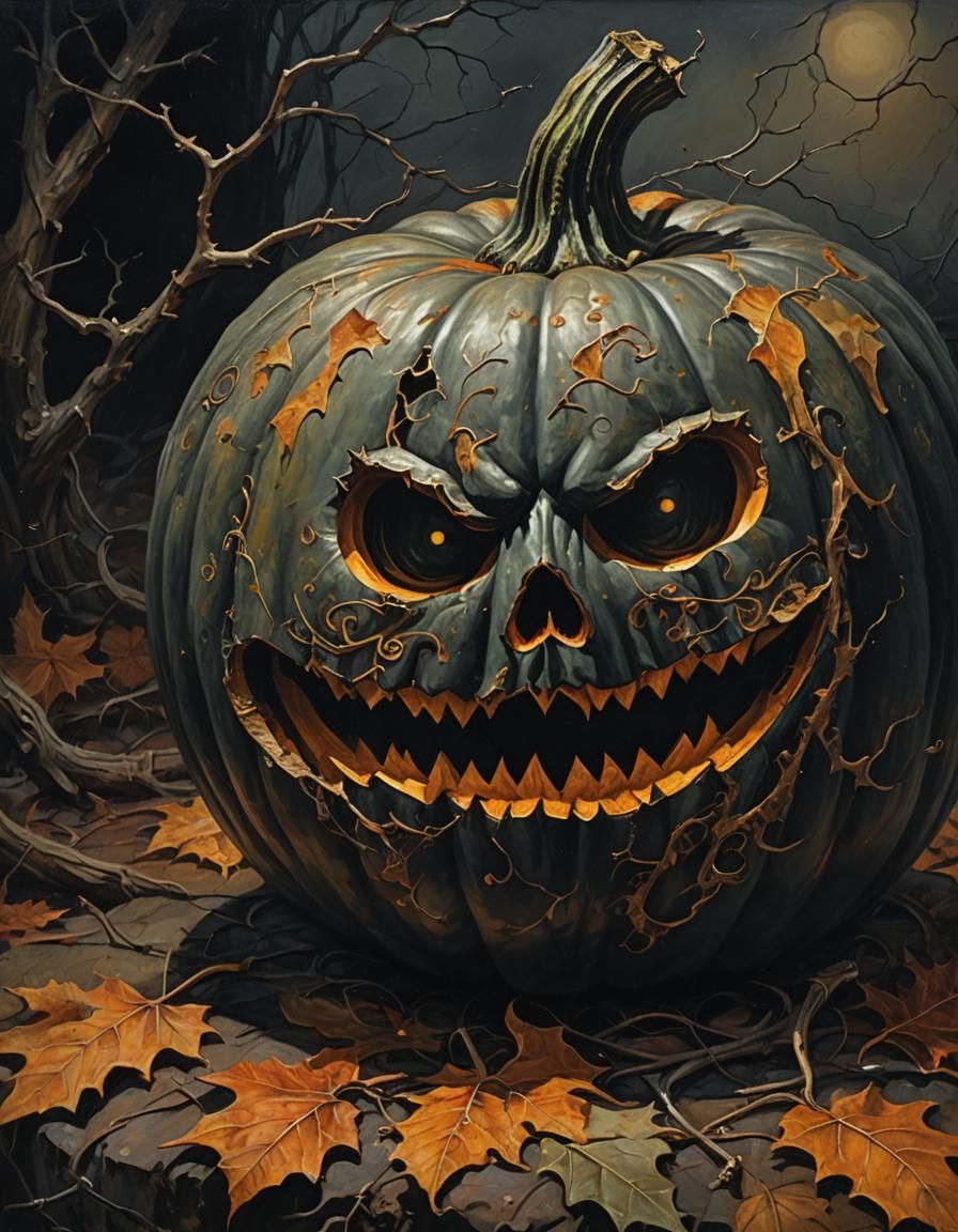 Sinister Ornament Adorns Autumn Pumpkin in Dark Surrealism