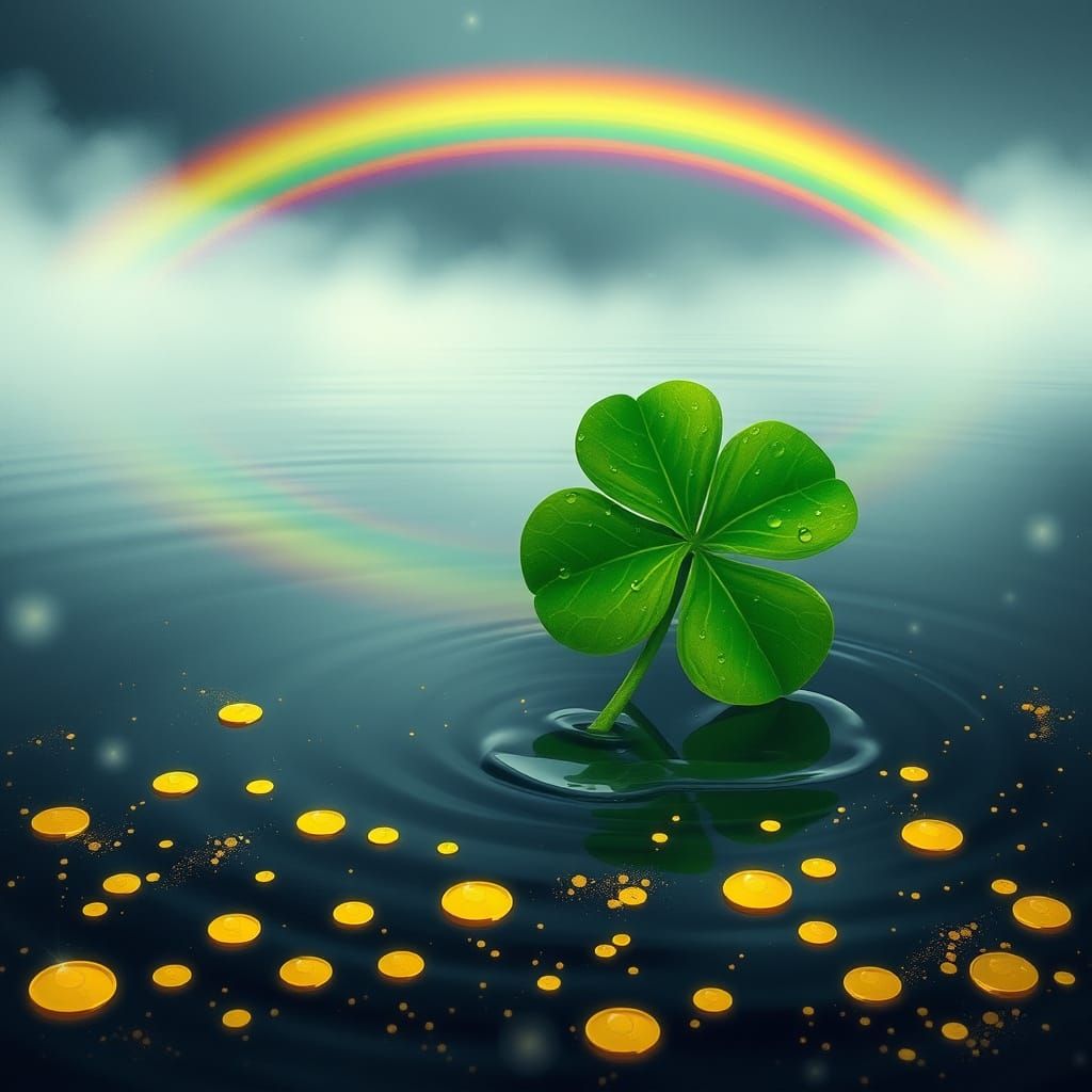 Surreal Emerald Four-Leaf Clover in Ancient Lake with Rainbo...